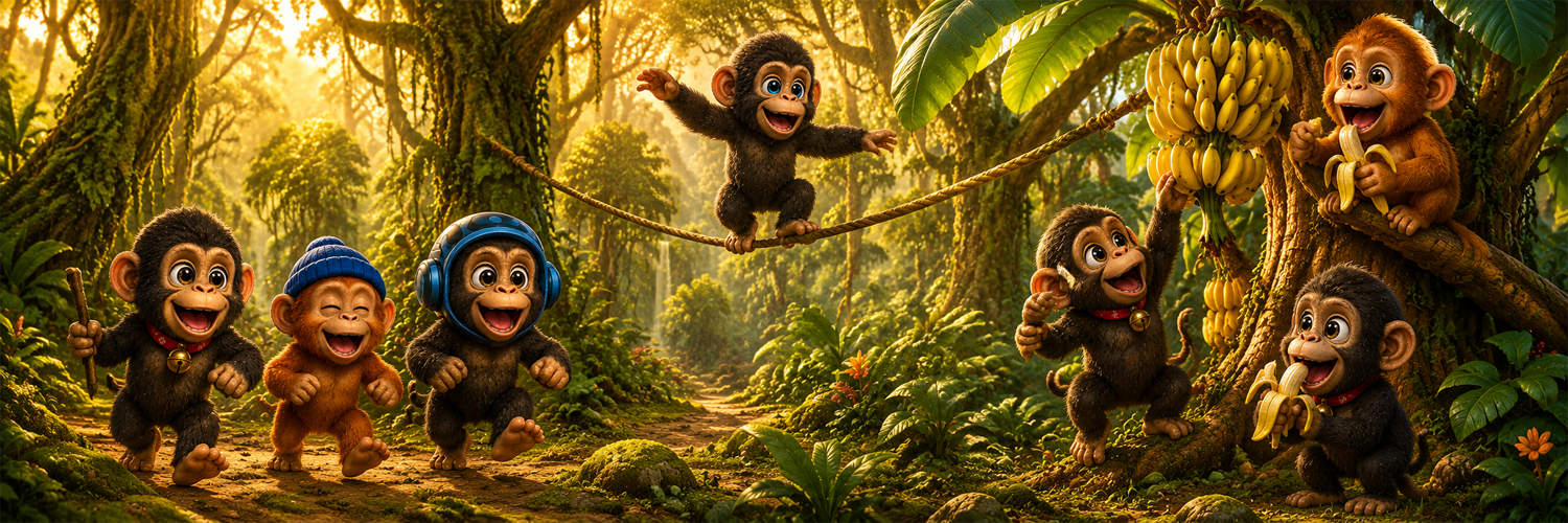 Ape Season banner with apes playing in a tropical jungle