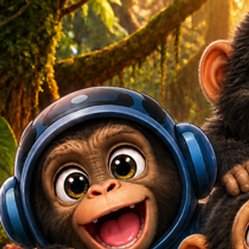 Ape in a blue space helmet grinning in the jungle