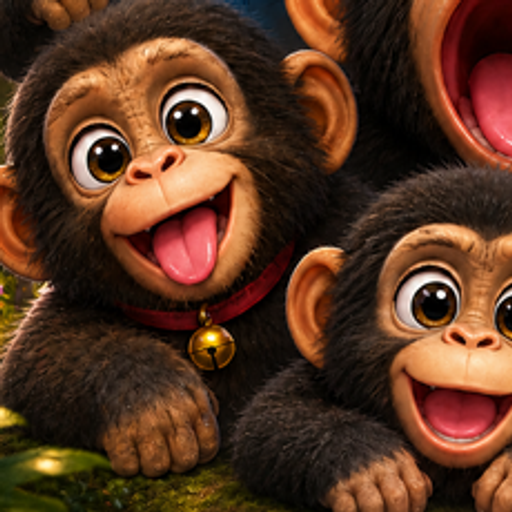 Baby ape sticking its tongue out with a golden bell collar